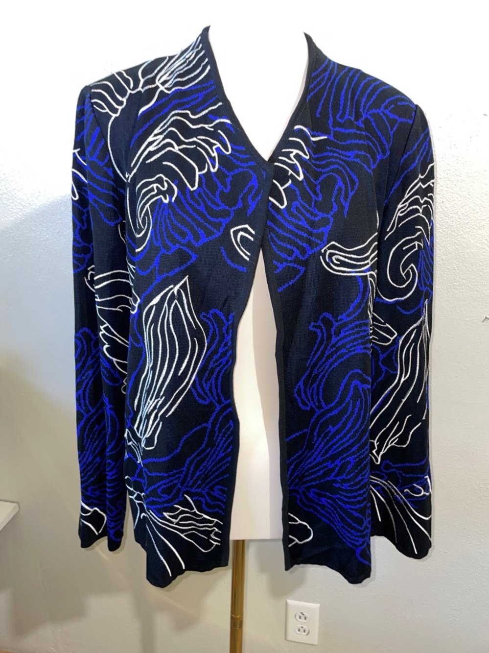 Abstract Open Cardigan Jacket Blue Black Layering Sz M Stretch Knit Ming Wang